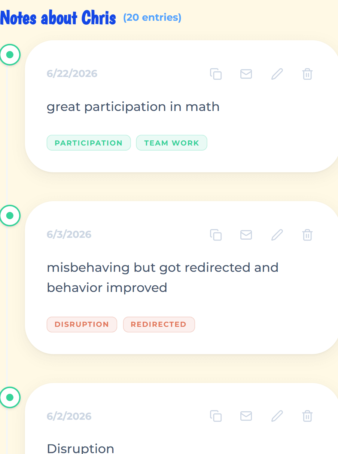 Student notes history screen