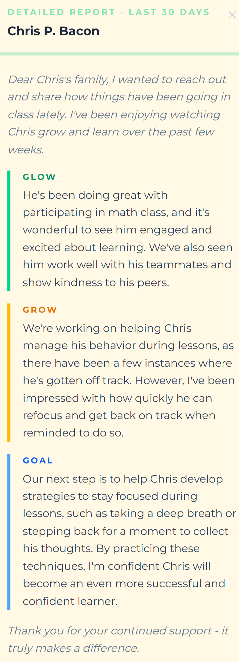 Generated parent report screen