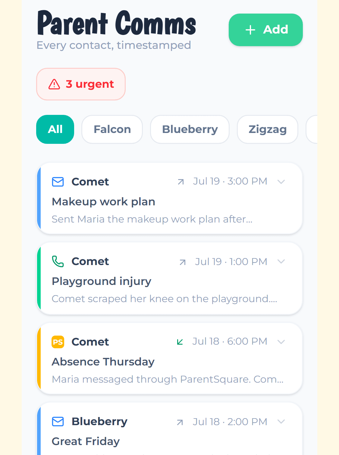Parent communication log showing timestamped contact entries and an urgent follow-up alert