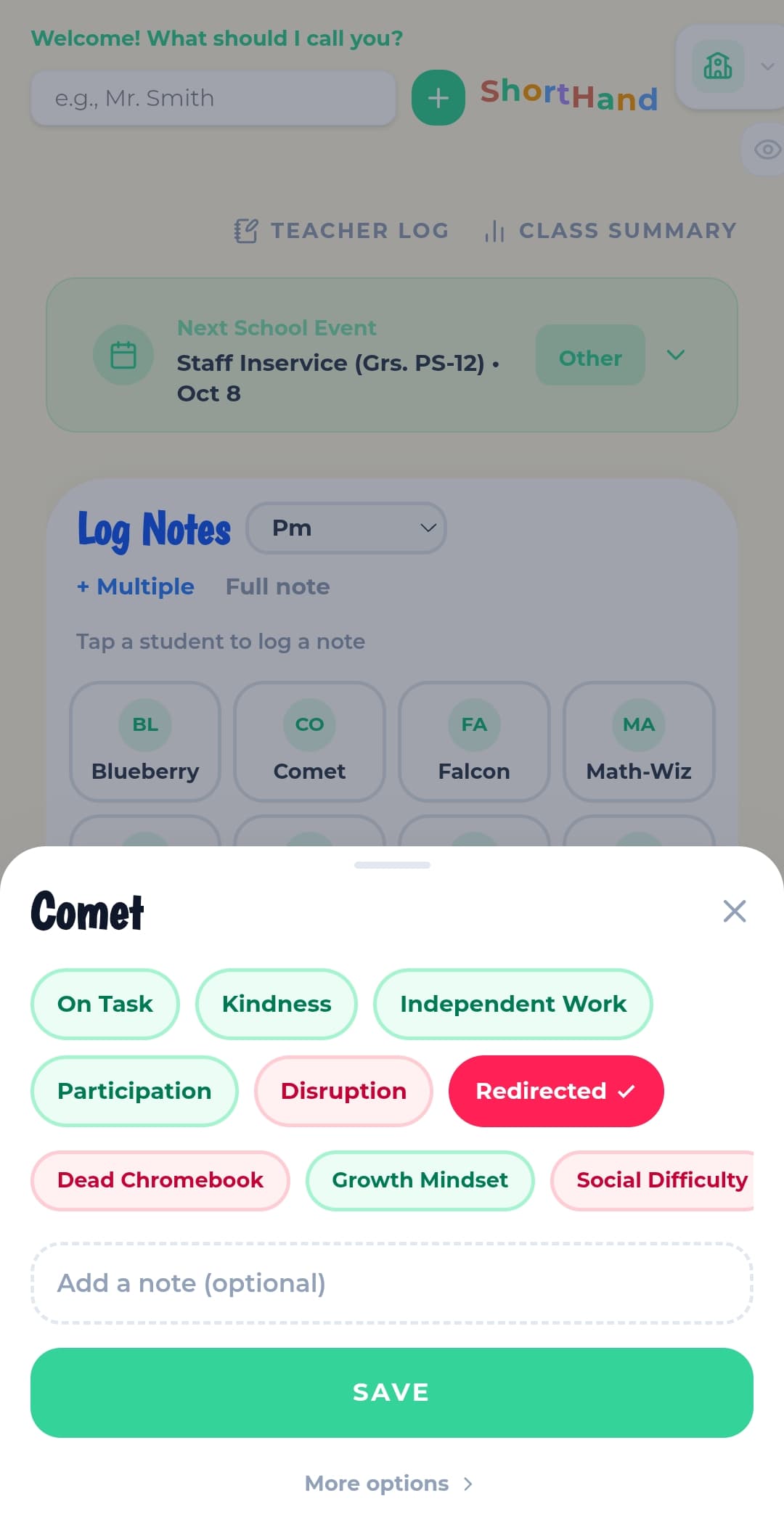 ShortHand Quick Grid quick-note sheet showing behavior indicators, an optional note field, and a Save button