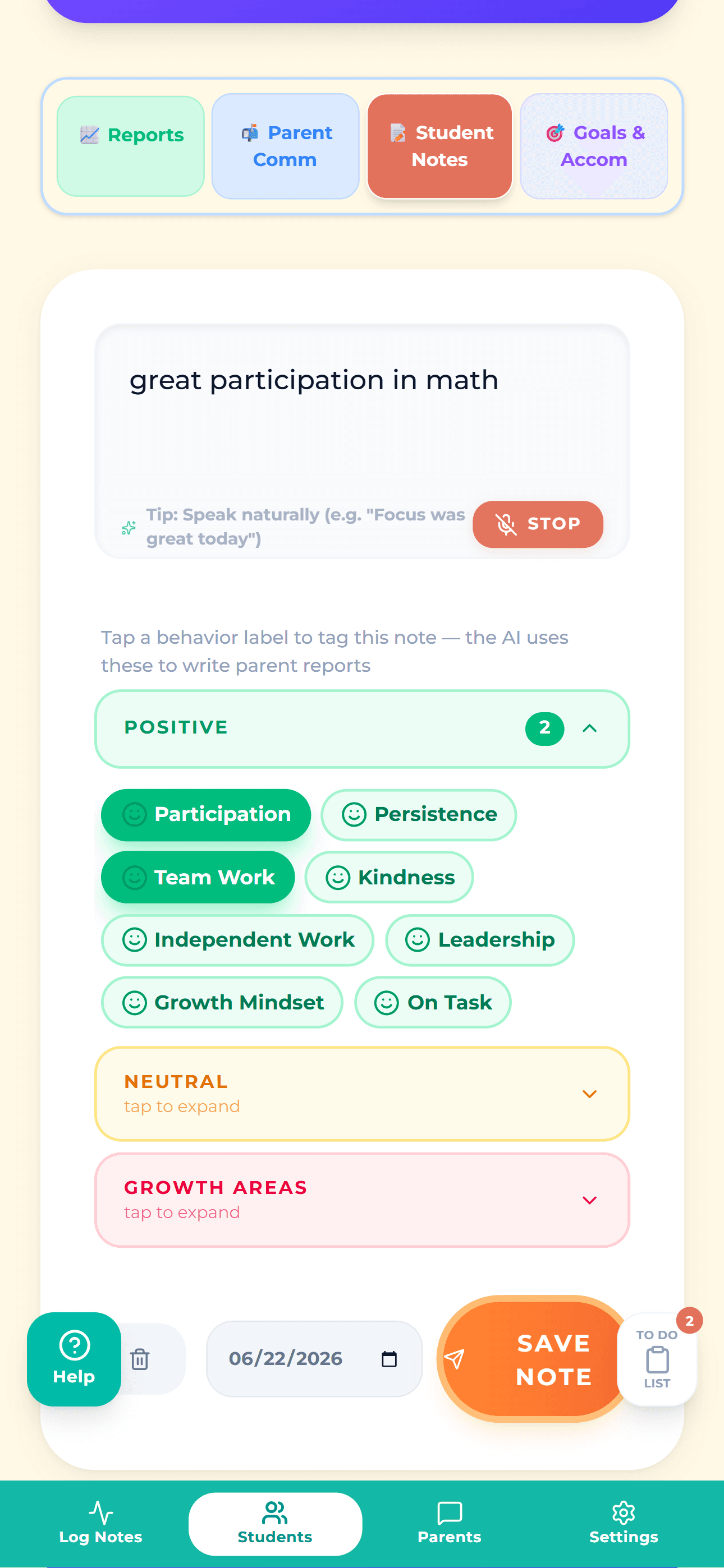 Quick note screen with behavior tags