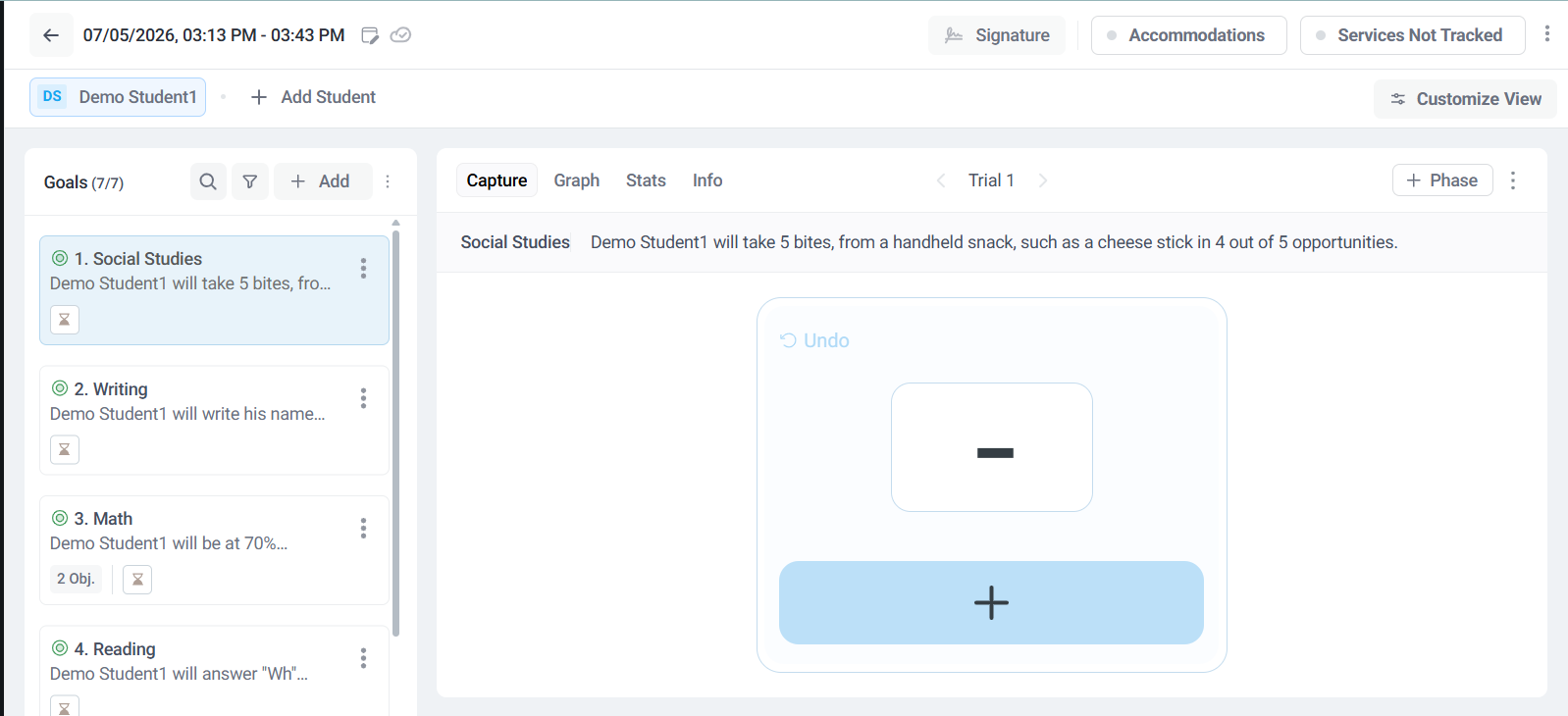 Recording structured IEP goal data in AbleSpace using the Capture screen with correct, incorrect, and prompt buttons