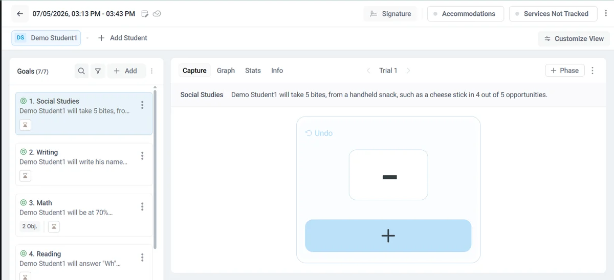 Recording structured IEP goal data in AbleSpace using the Capture screen with correct, incorrect, and prompt buttons