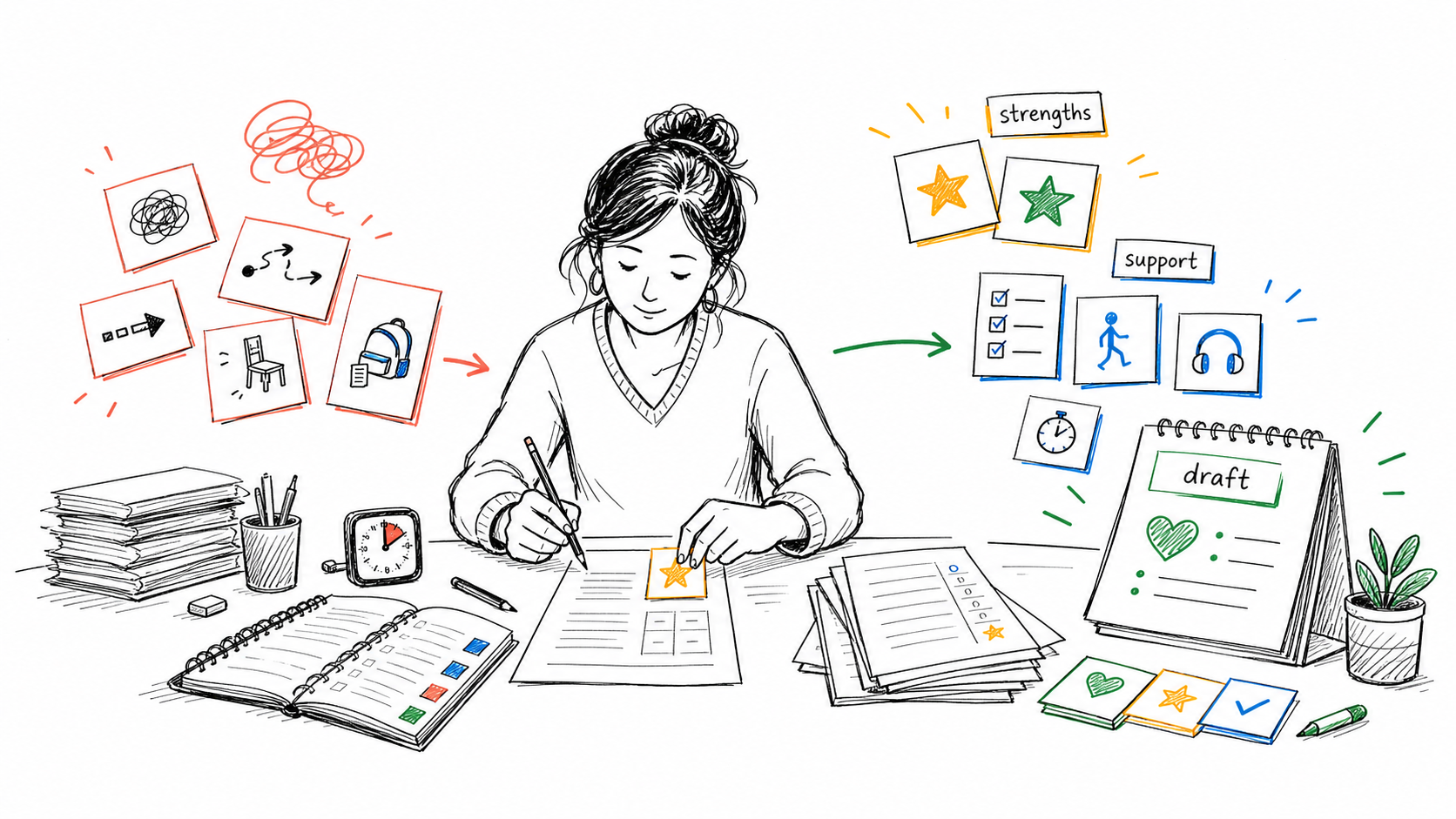 A teacher arranging ADHD report card notes into strengths, supports, and a balanced comment draft