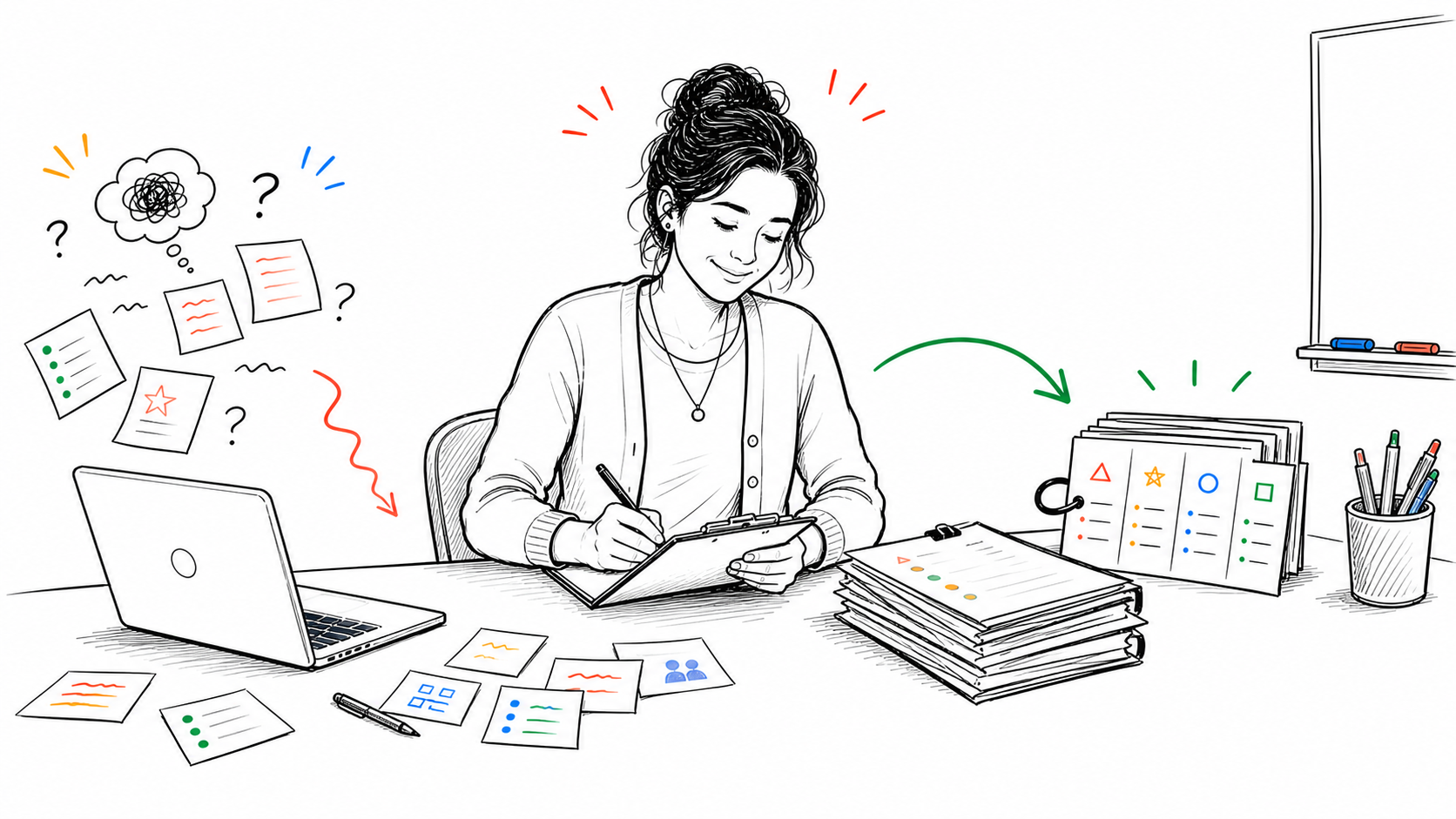 An elementary teacher preparing organized behavior notes and student work samples before a parent conference