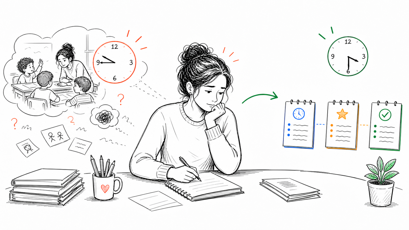 A teacher after school trying to recover a fading classroom memory while a few quick notes preserve the useful behavior details