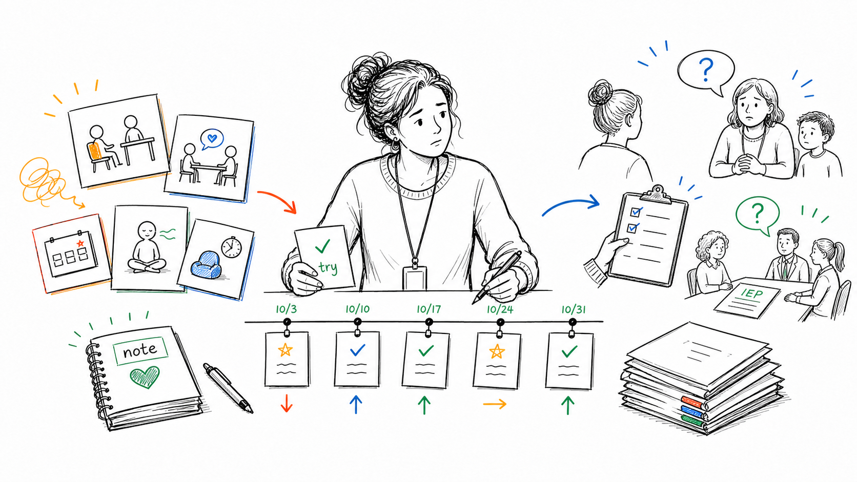 A teacher connecting behavior strategies to parent meetings and IEP questions with a dated evidence timeline