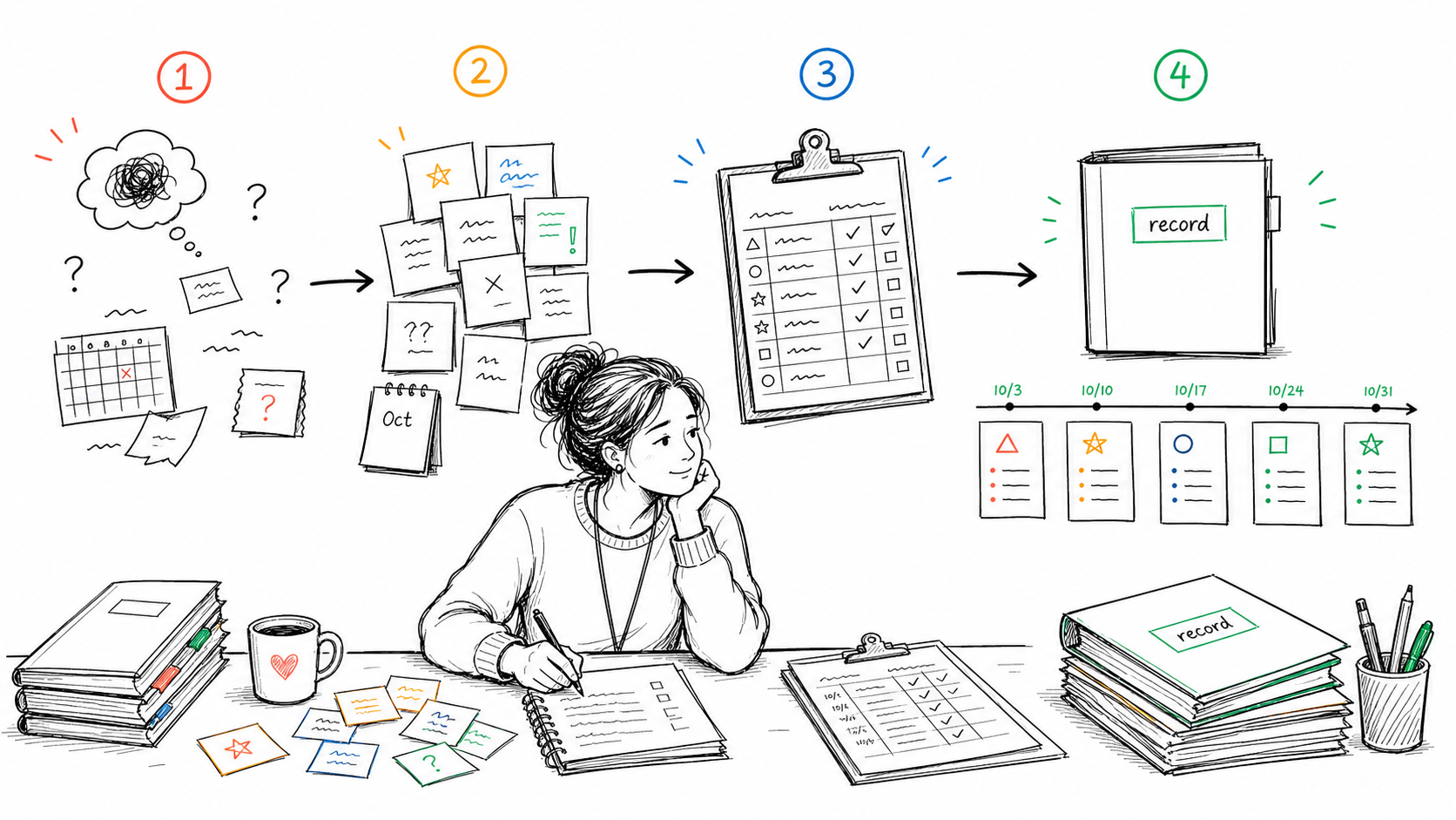 A teacher moving from mental notes and sticky notes to an organized behavior record timeline