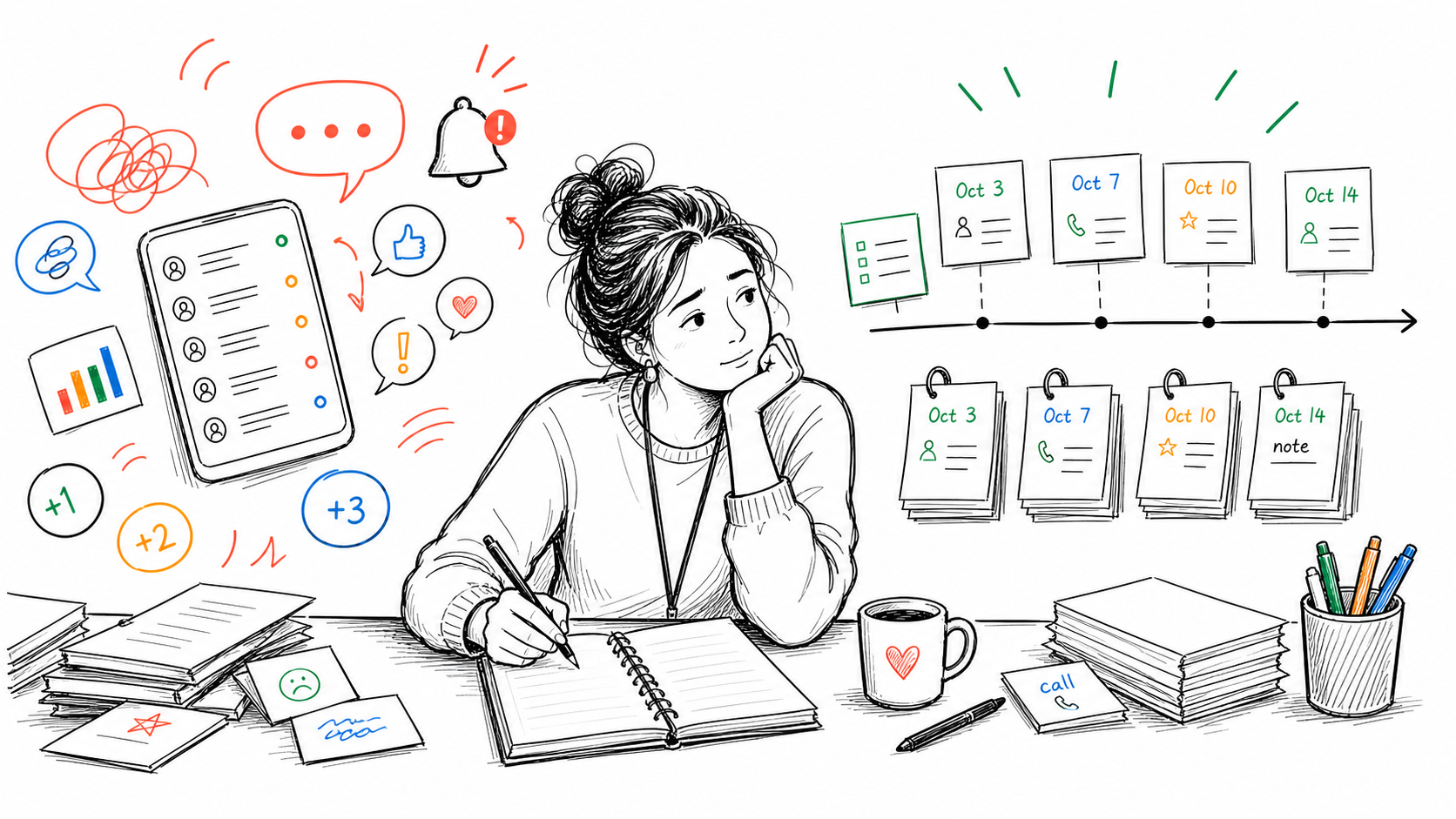 A teacher sorting through noisy classroom app notifications while dated note cards create a clearer documentation trail