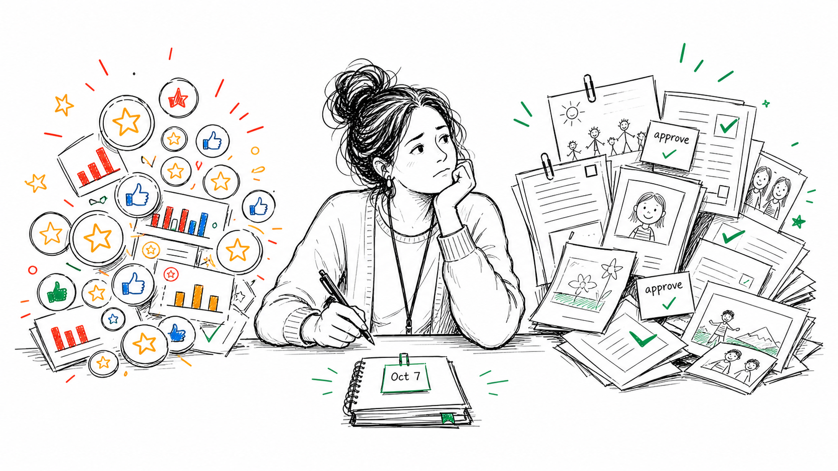 A teacher caught between point rewards and portfolio approvals while one dated notebook offers a simpler record