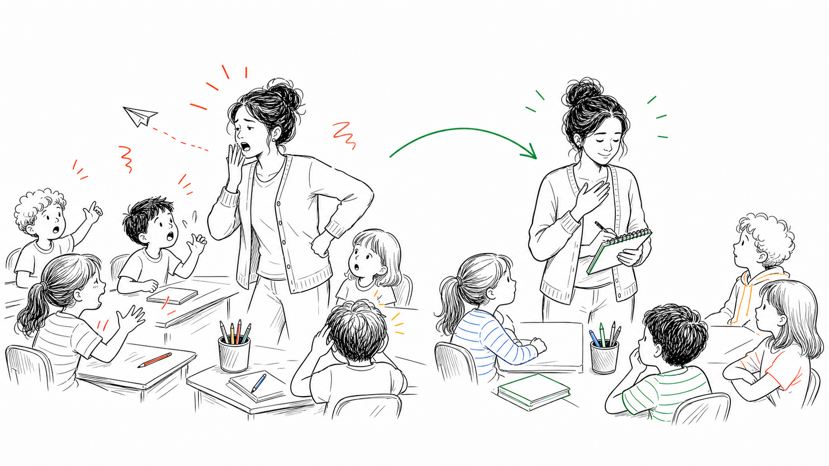A teacher moving from the guilt of yelling in a noisy classroom to a calm pause and confident written response