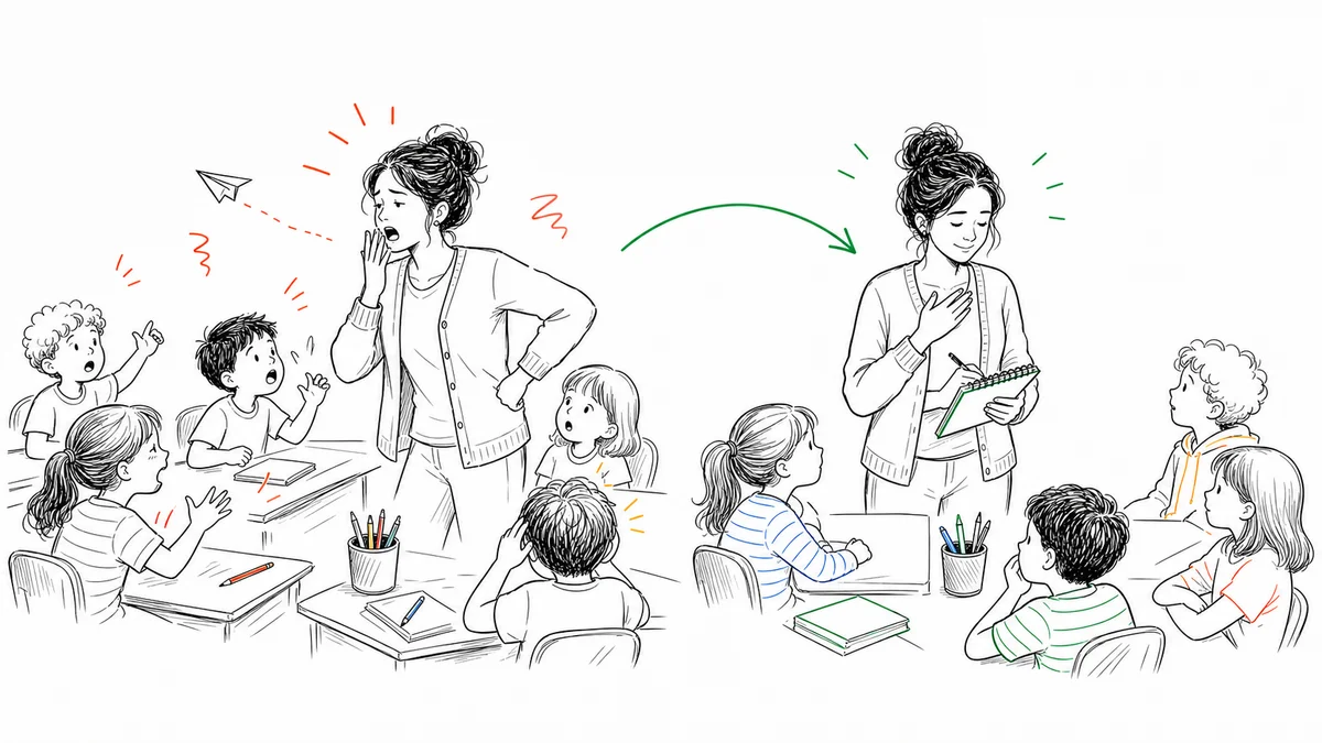 A teacher moving from the guilt of yelling in a noisy classroom to a calm pause and confident written response