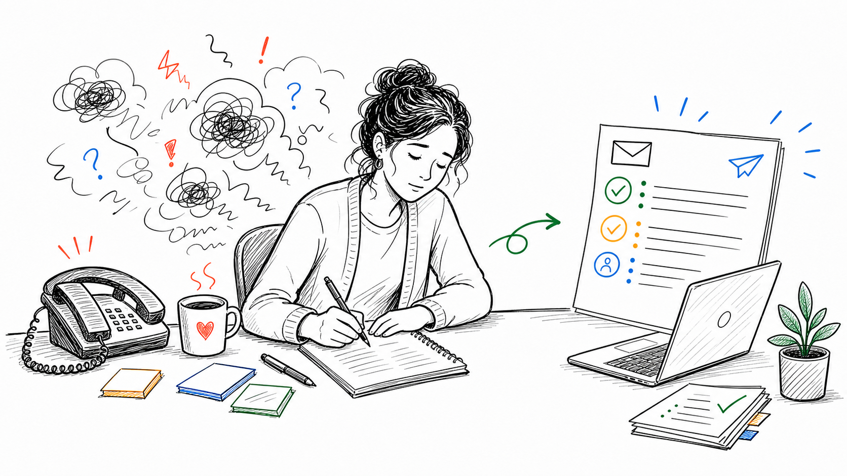 A tired teacher after a tense parent phone call turning messy notes into a calm factual follow-up email