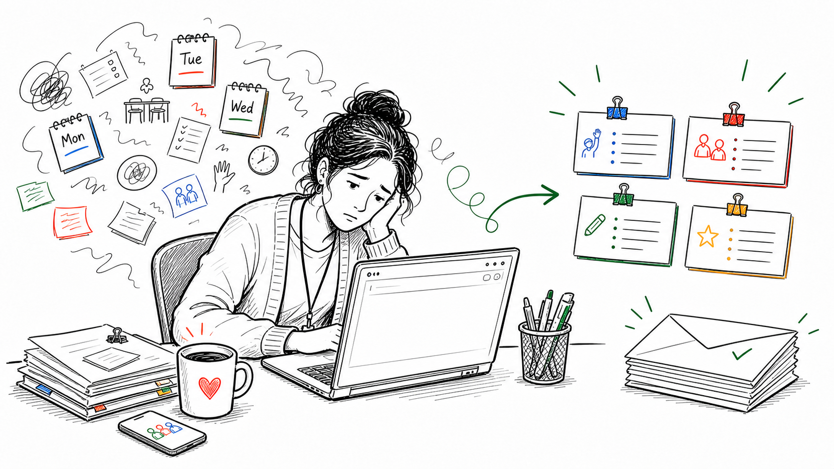 A tired teacher facing a blank Friday parent update email while scattered weekly notes become clear records