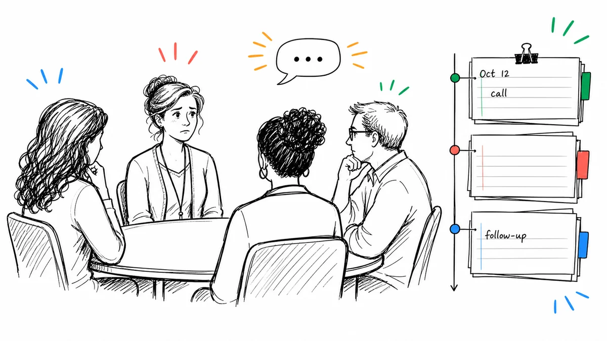 A worried teacher in an IEP meeting being asked for parent contact logs while dated notes create a clear timeline