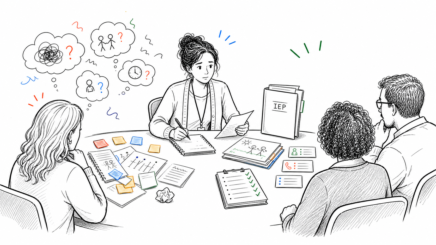 A teacher in an IEP meeting turning scattered classroom impressions into organized evidence and follow-up notes
