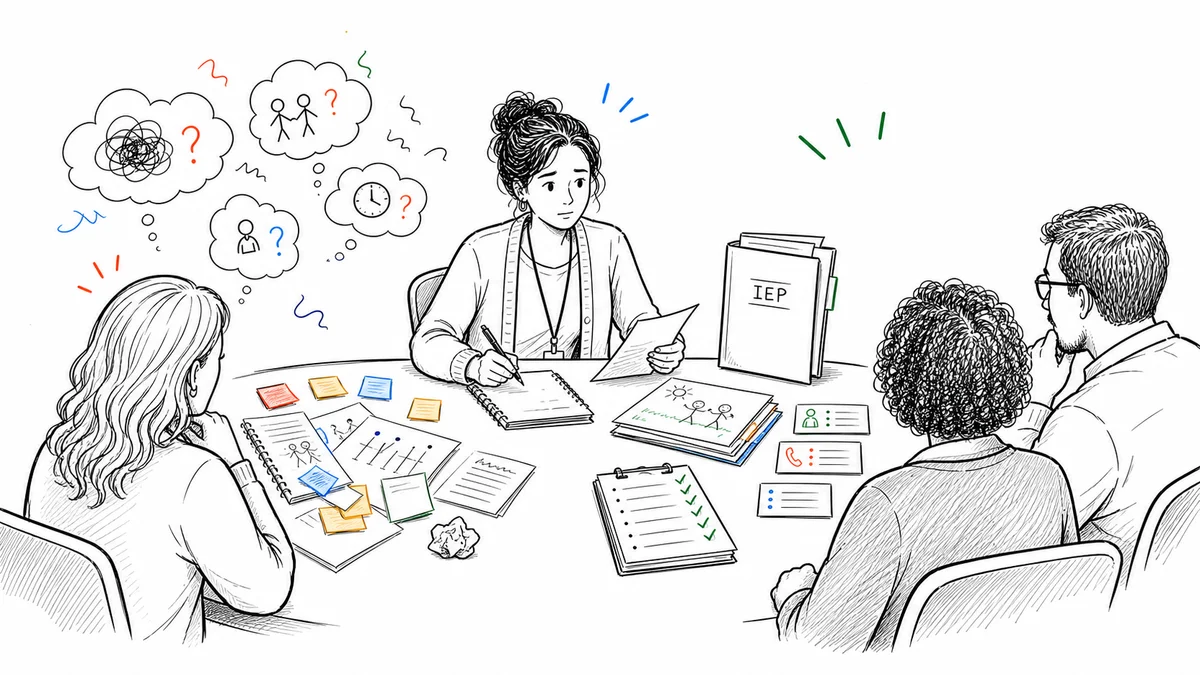 A teacher in an IEP meeting turning scattered classroom impressions into organized evidence and follow-up notes