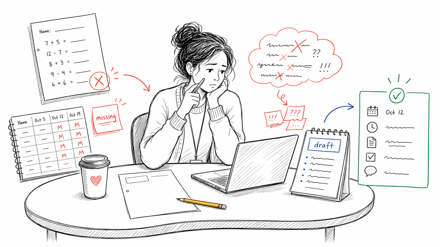 A tired teacher drafting a parent email about missing homework while a gradebook and blank worksheet show the facts