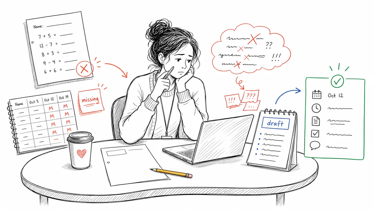 A tired teacher drafting a parent email about missing homework while a gradebook and blank worksheet show the facts