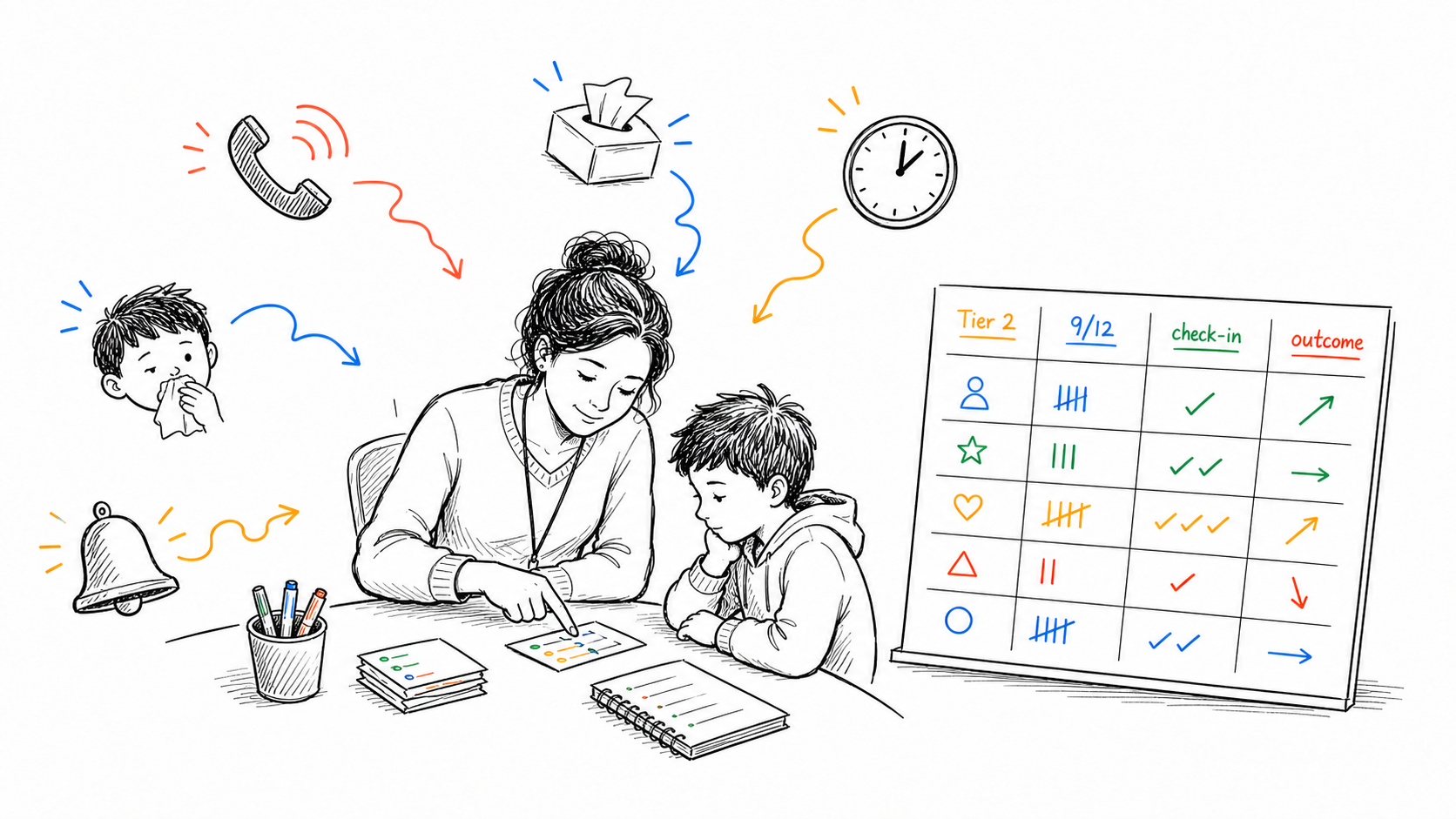 A teacher helping a student with a Tier 2 intervention while classroom interruptions compete with the data trail