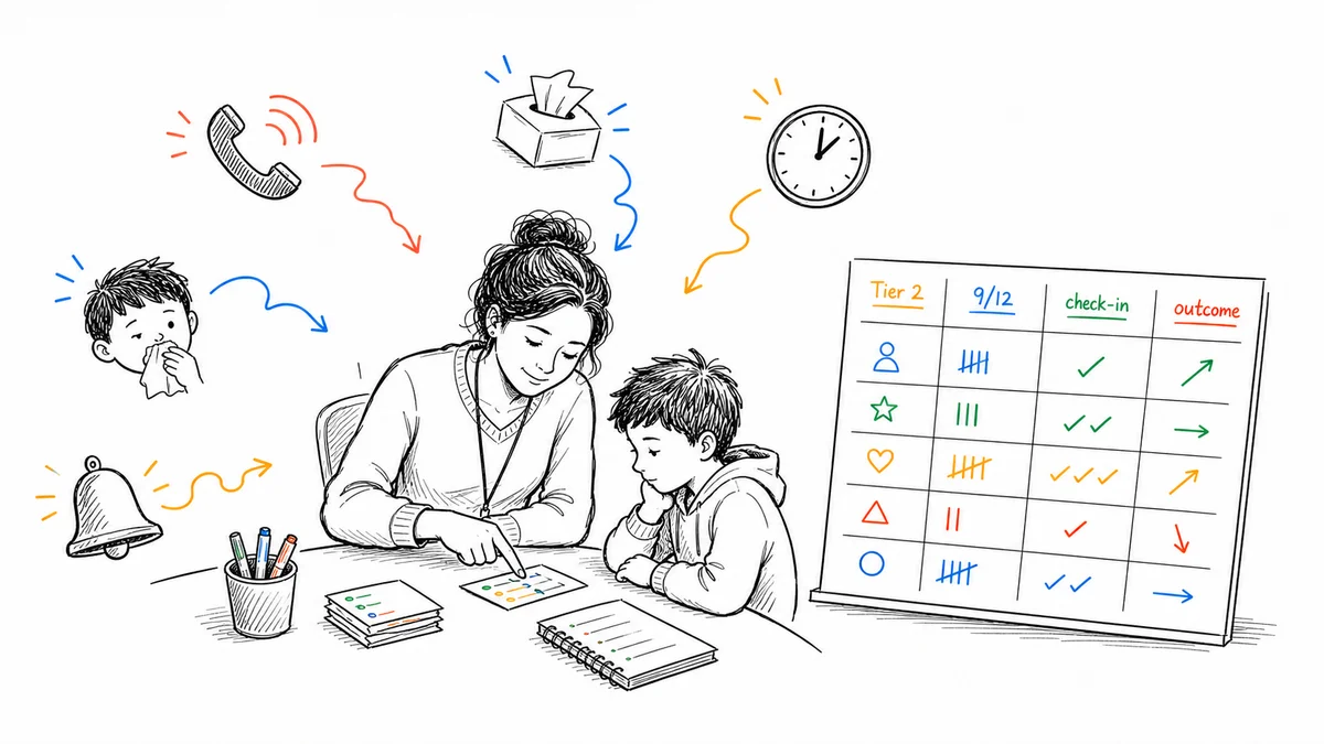 A teacher helping a student with a Tier 2 intervention while classroom interruptions compete with the data trail