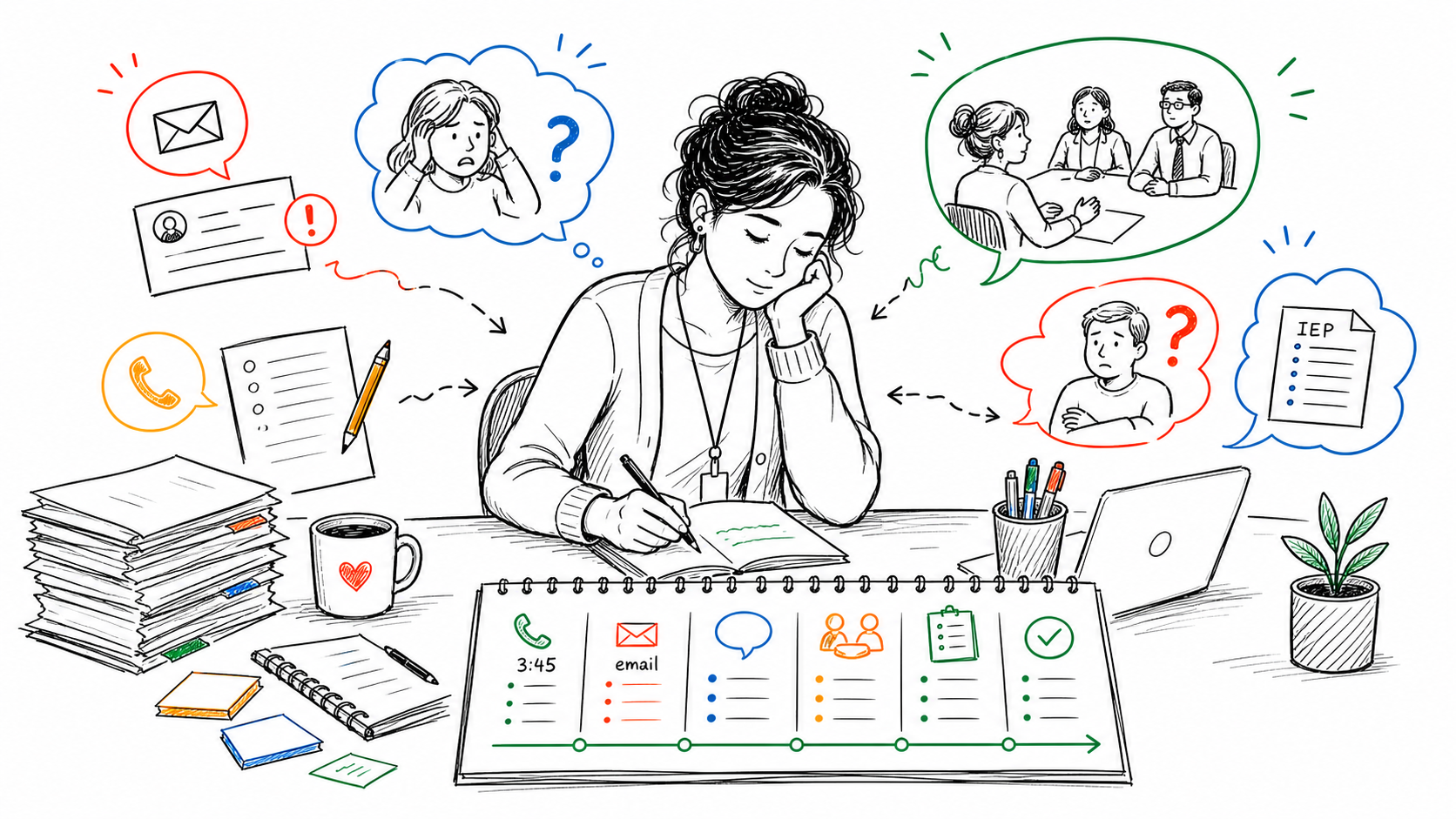 A tired teacher organizing difficult parent emails, calls, conferences, and IEP conversations into a dated communication log