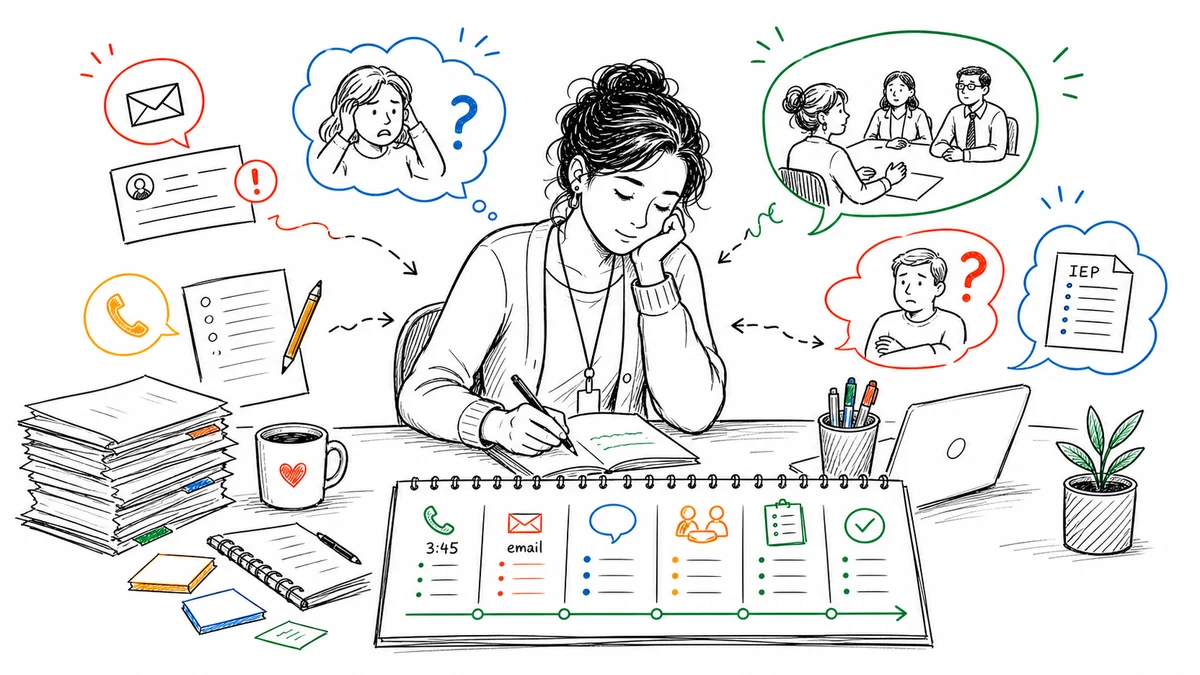 A tired teacher organizing difficult parent emails, calls, conferences, and IEP conversations into a dated communication log