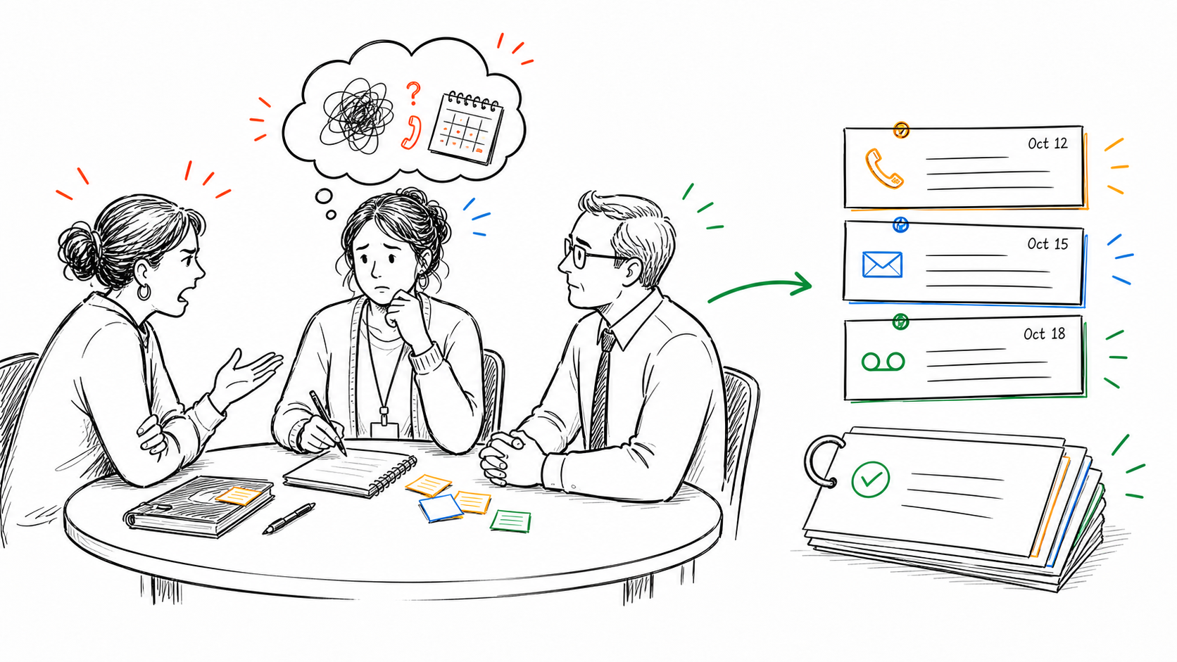 A teacher in a tense parent conference finding relief when dated contact records show calls, emails, and follow-up attempts