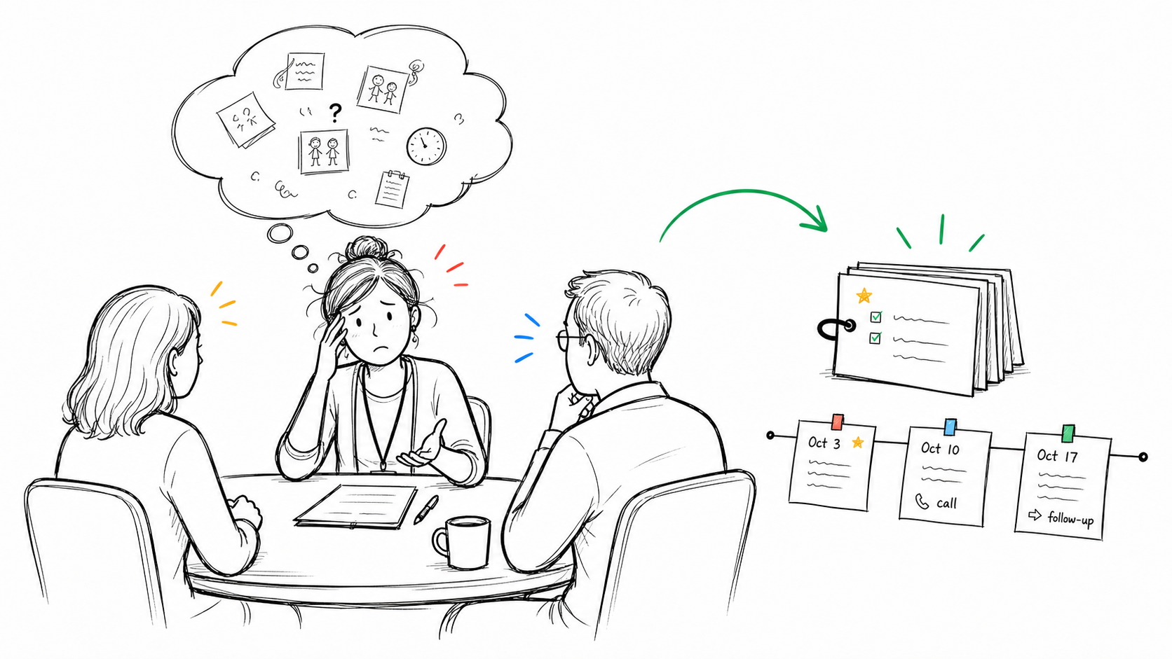 A stressed teacher in a parent meeting trying to remember behavior details while dated notes create a clear timeline