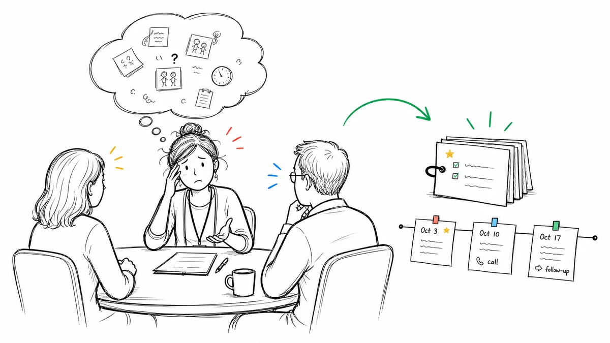 A stressed teacher in a parent meeting trying to remember behavior details while dated notes create a clear timeline