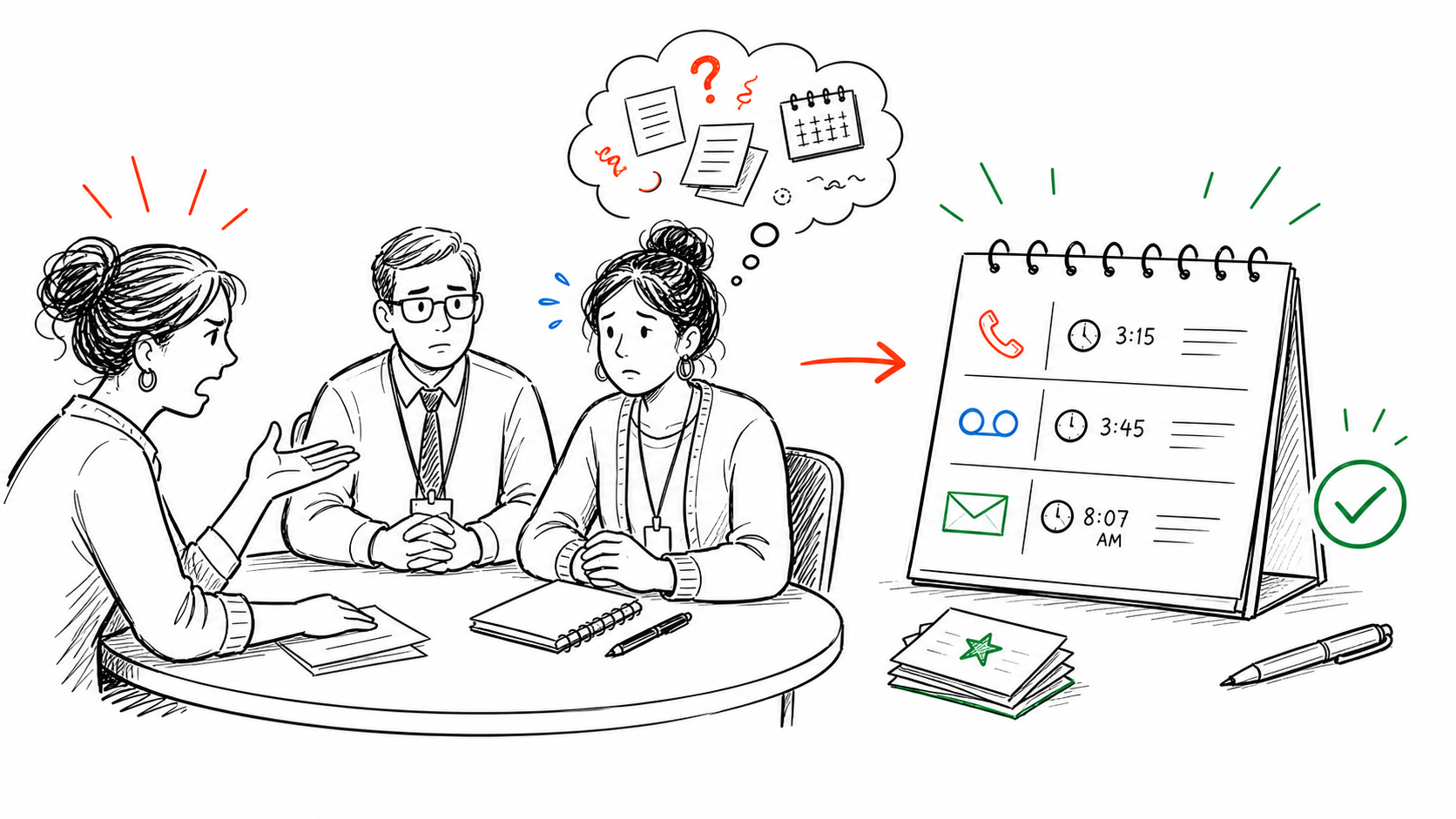 A teacher staying calm in a parent meeting while a dated contact record shows previous calls and emails