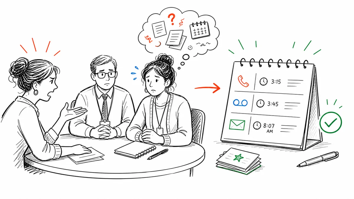 A teacher staying calm in a parent meeting while a dated contact record shows previous calls and emails