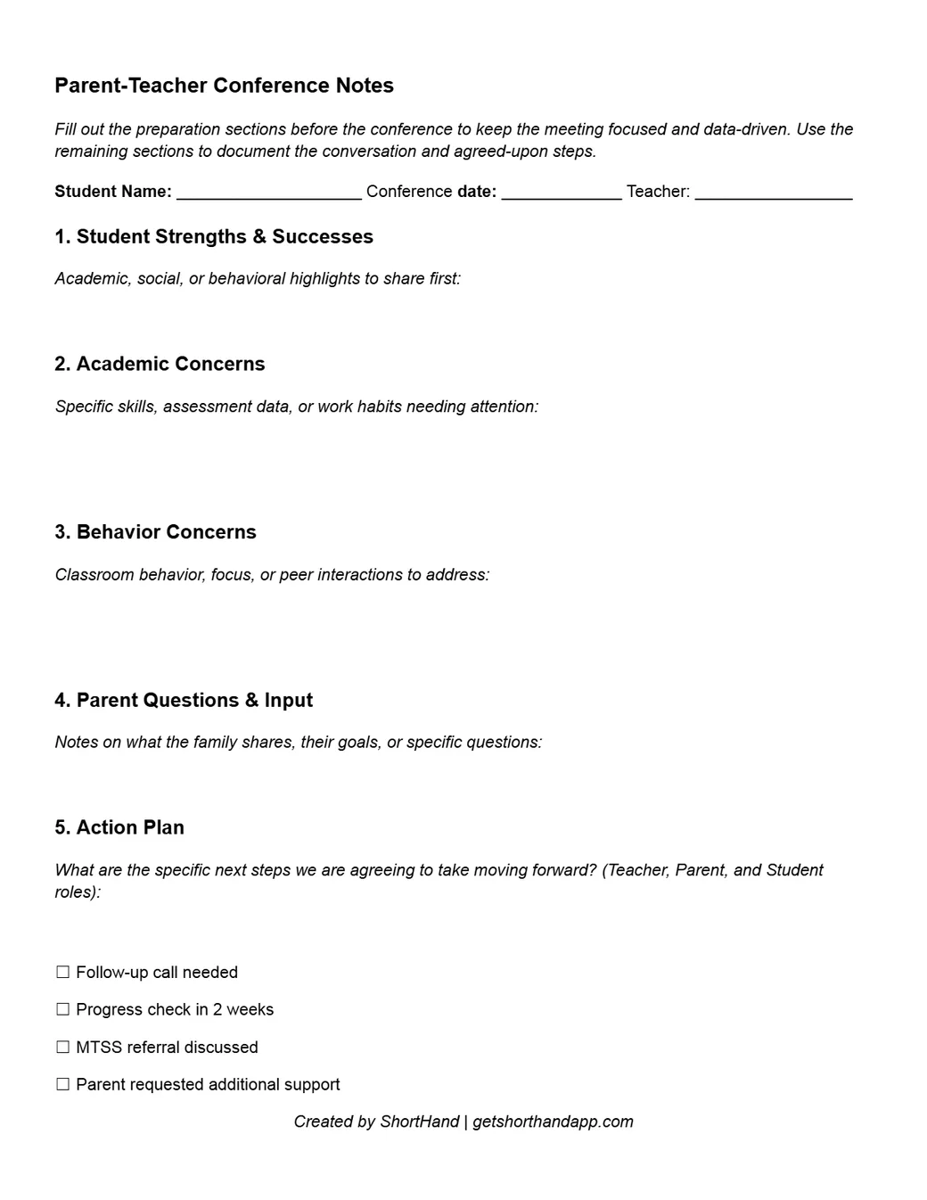 Free printable parent teacher conference form with sections for student strengths, academic concerns, behavior concerns, parent questions, and an action plan