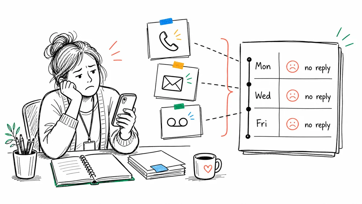 A frustrated teacher documenting unanswered parent calls and emails as a clear contact-attempt timeline