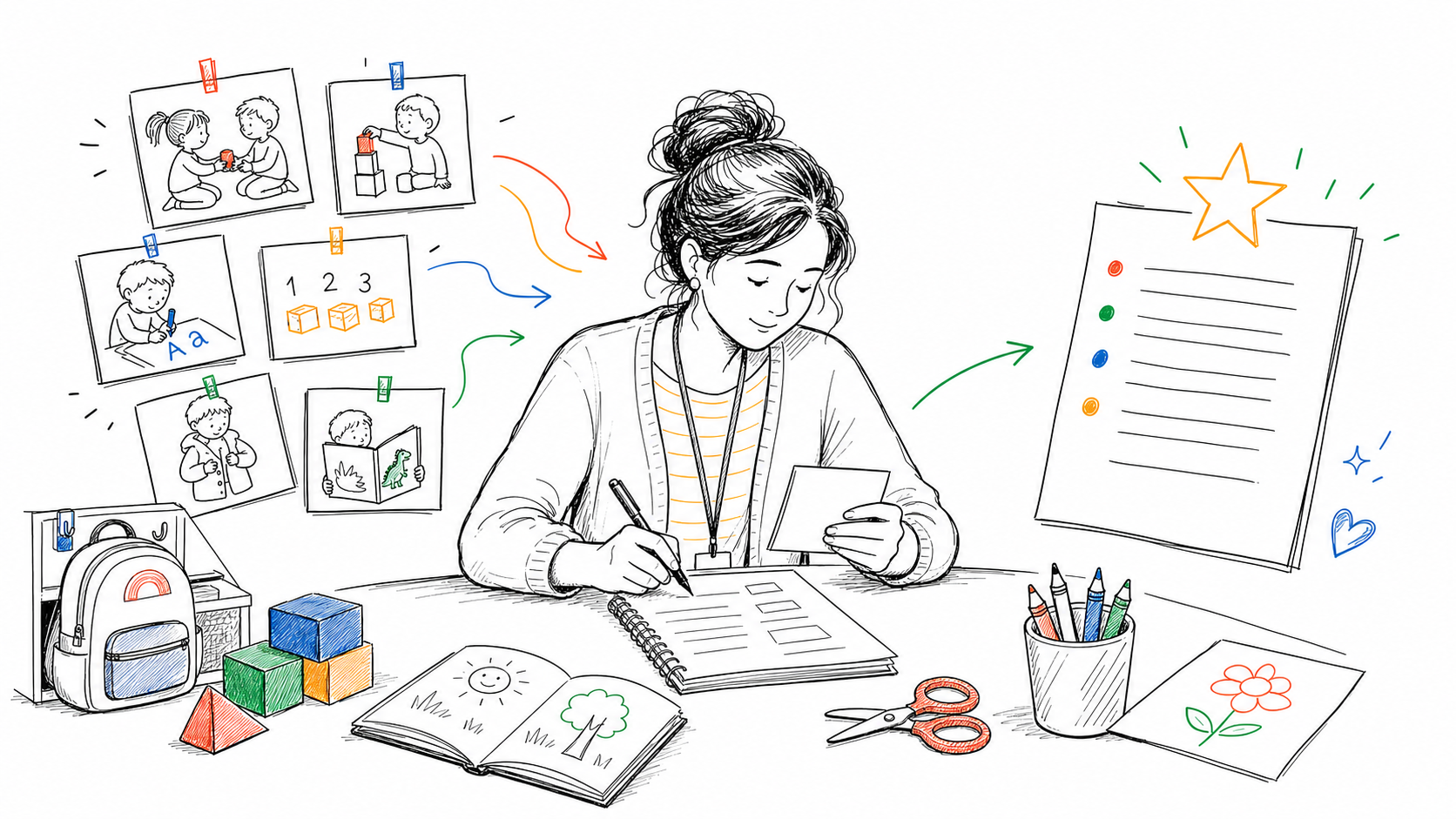 A preschool teacher turning small classroom observations into warm progress report comments