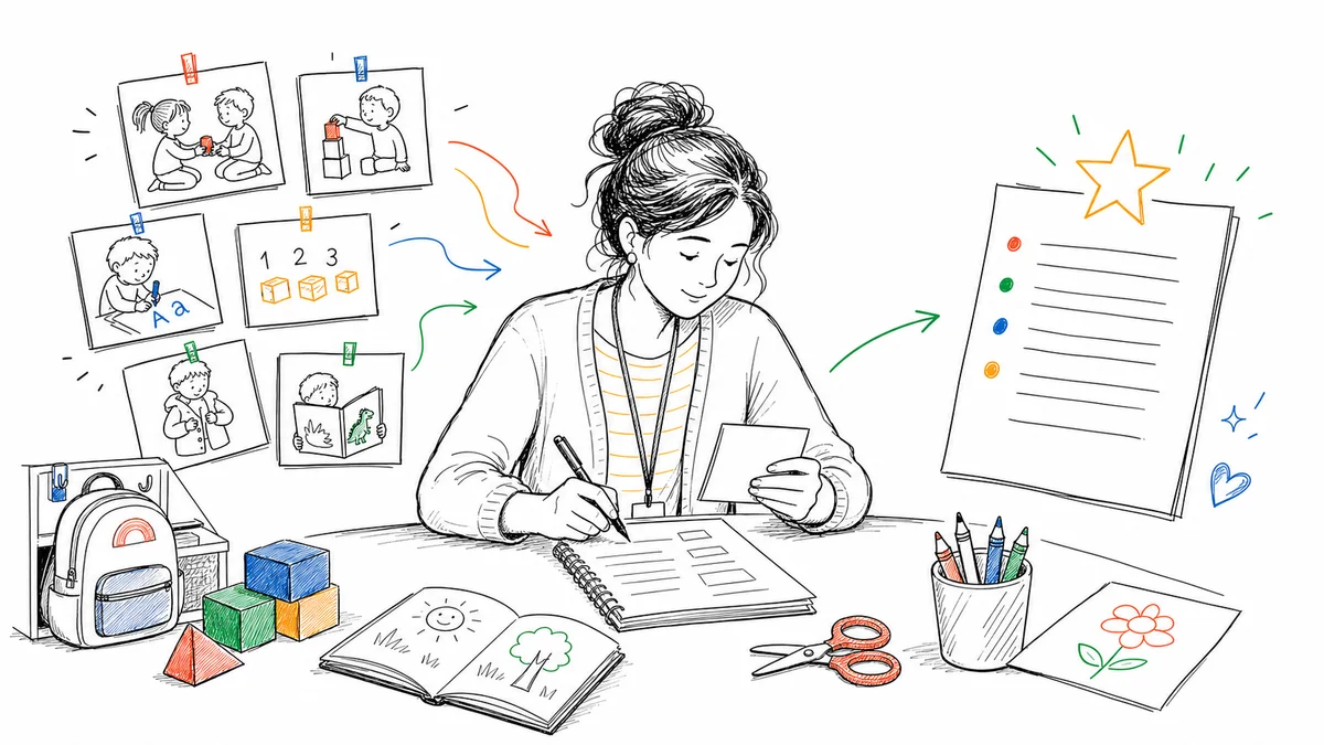 A preschool teacher turning small classroom observations into warm progress report comments