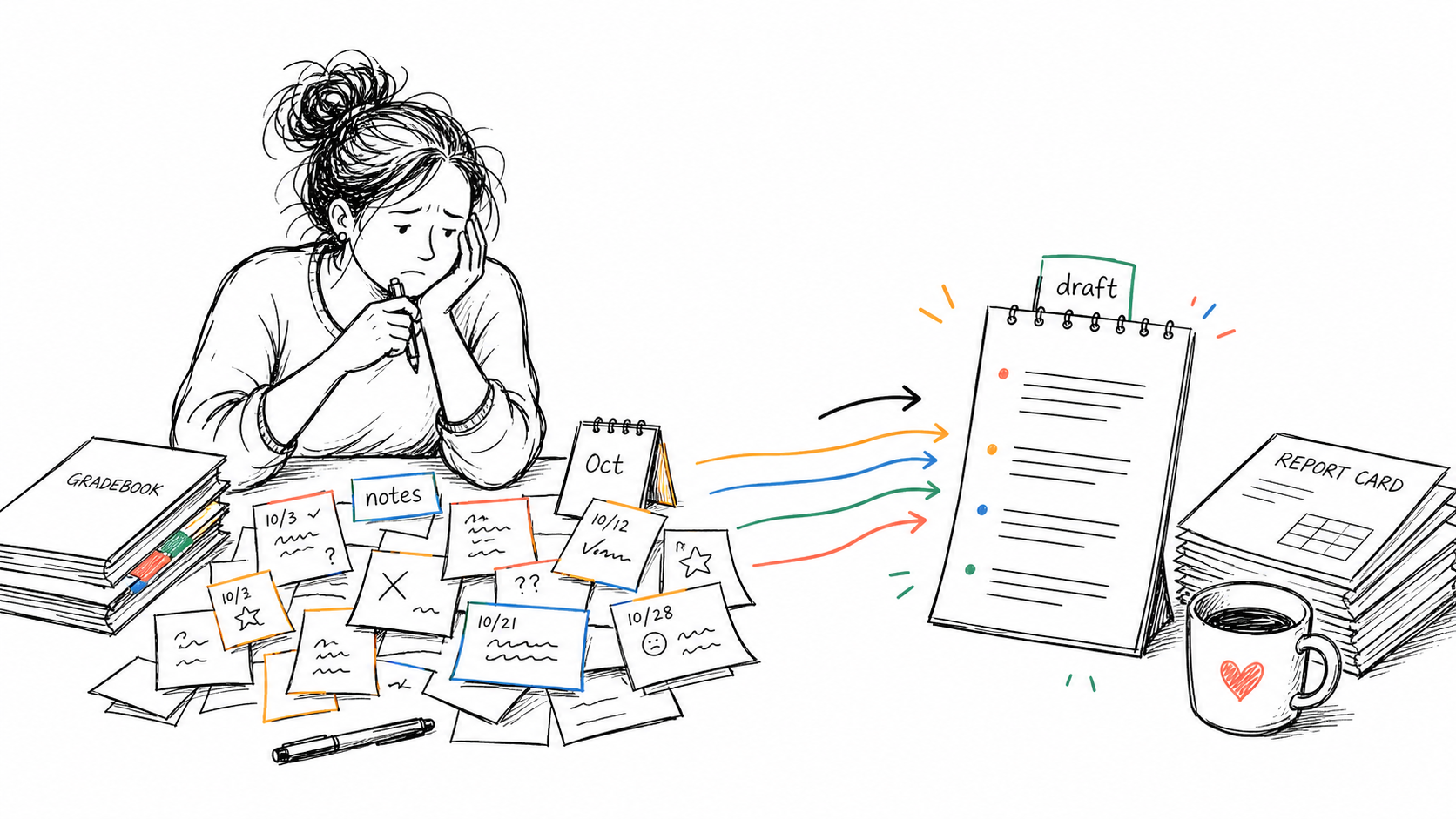 A tired teacher turning messy October behavior notes into a clear report card comment draft
