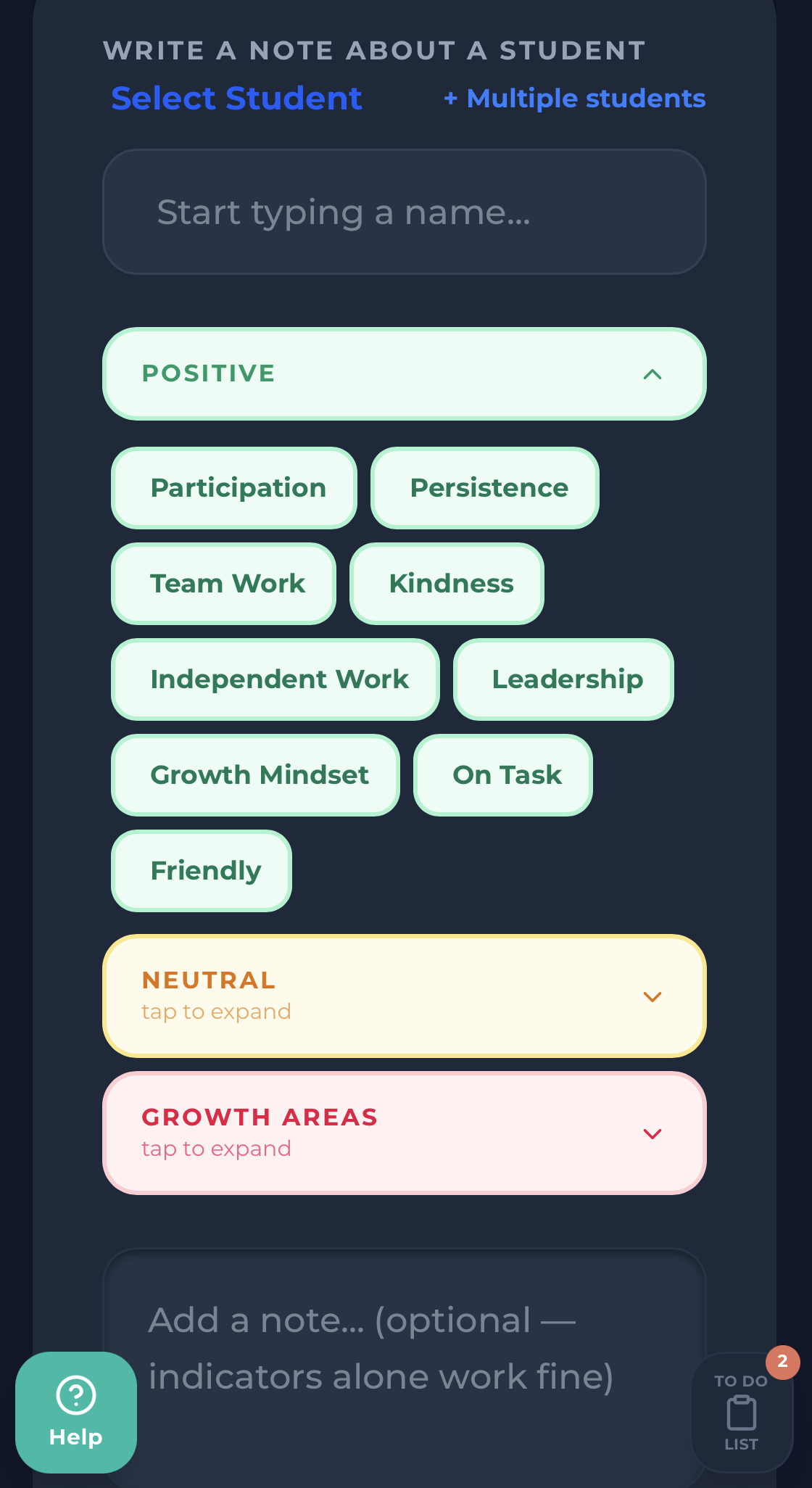 Recording a behavior note in under 15 seconds using ShortHand's Log Notes screen with quick-tap positive, neutral, and growth area tags