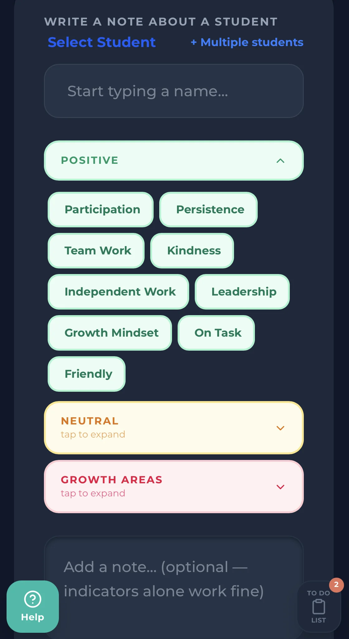 Recording a behavior note in under 15 seconds using ShortHand's Log Notes screen with quick-tap positive, neutral, and growth area tags