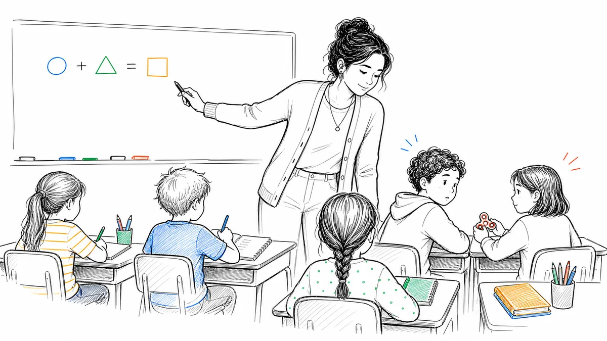 A teacher calmly using proximity to redirect two off-task students while the lesson and the rest of the class keep moving