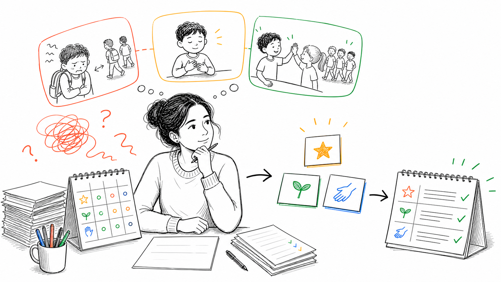 A teacher turning social-emotional observations into a balanced report card comment that names a strength, a developing skill, and helpful support