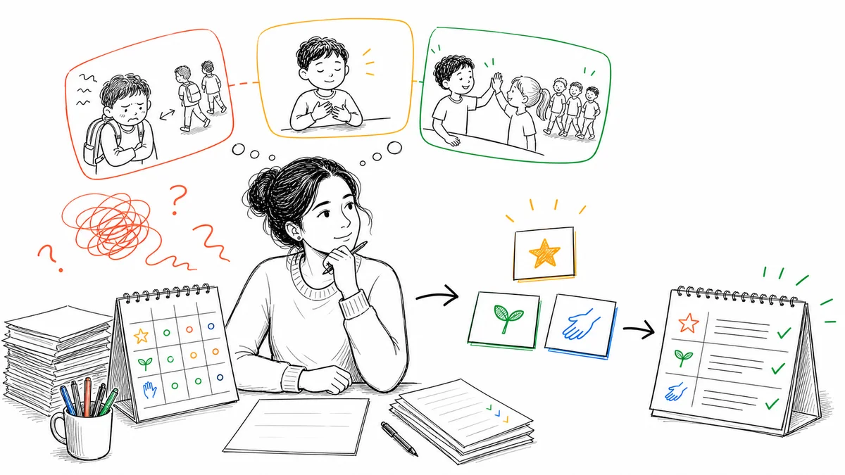 A teacher turning social-emotional observations into a balanced report card comment that names a strength, a developing skill, and helpful support
