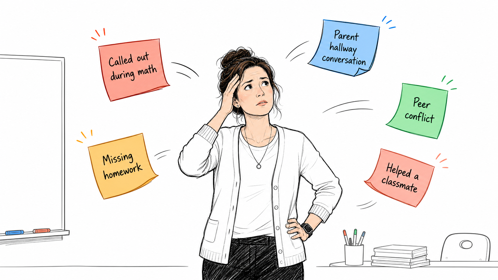 An overwhelmed elementary teacher watches classroom behavior notes drift away