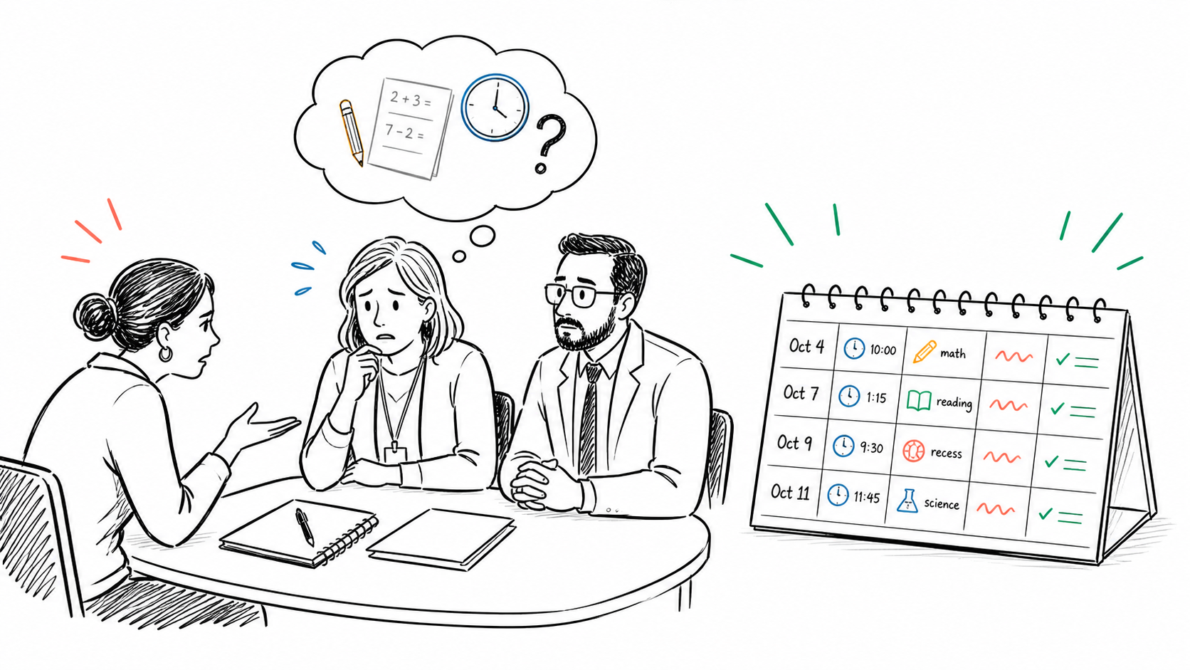 A worried teacher in a parent conference trying to remember behavior details while a dated student behavior log creates a clear record
