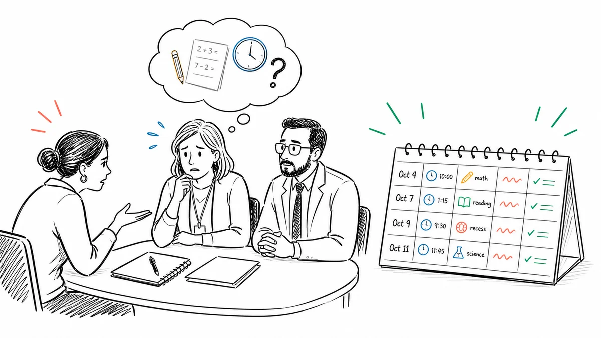 A worried teacher in a parent conference trying to remember behavior details while a dated student behavior log creates a clear record