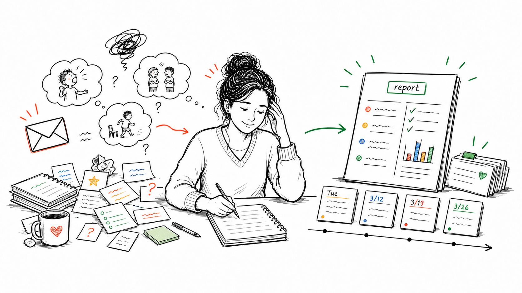 A teacher turning scattered behavior memories and notes into a calm dated student behavior report