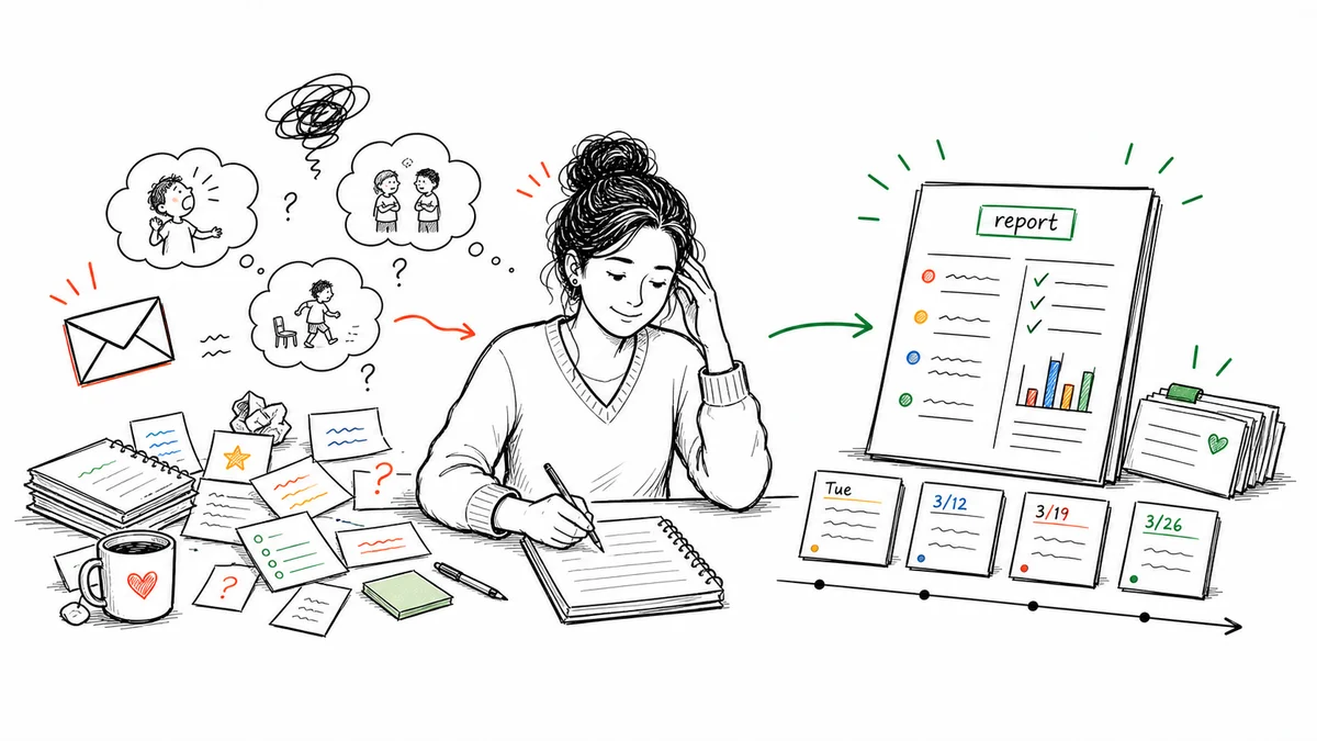 A teacher turning scattered behavior memories and notes into a calm dated student behavior report