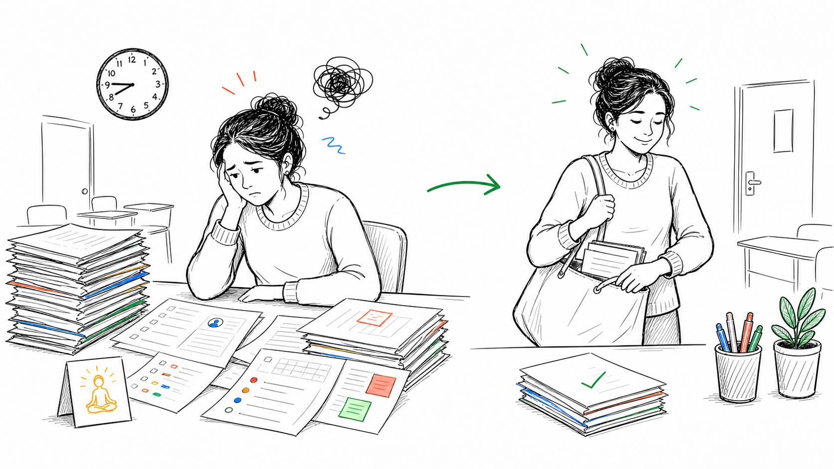 An exhausted teacher facing the after-school paperwork shift while a simpler system makes the workload manageable enough to go home