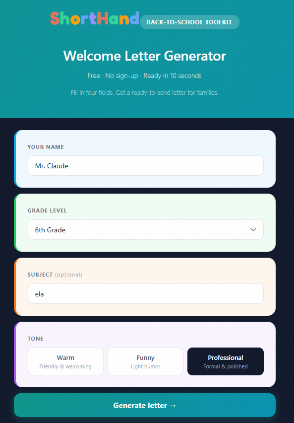 Welcome Letter Generator tool showing grade and tone options