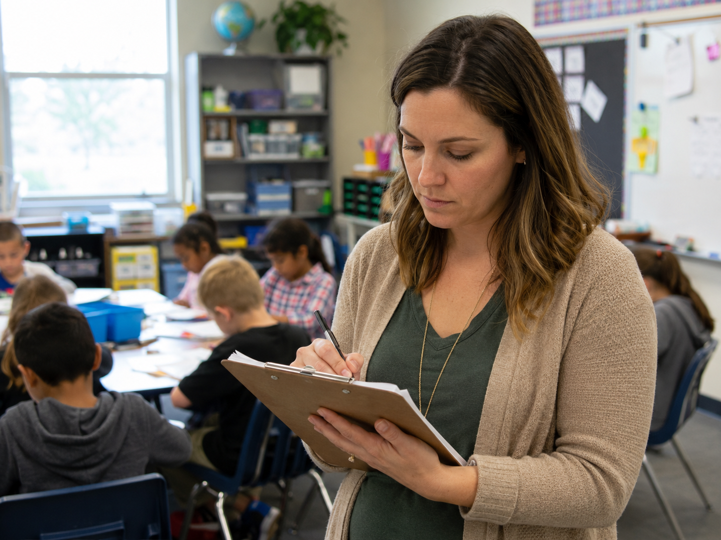A teacher writing behavior notes on a clipboard in an elementary classroom